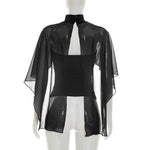 FDYOUI Woman Black Corset with Cover-ups 2-piece Sets Chic Sexy Hollow Out Evening Party Tops Female Blouses Shirts High Street