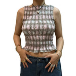 Women Summer Smock Tank Tops Casual Fashion Ruffle Hem Plaid Print Sleeveless Shirt Basic Vest Streetwear