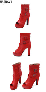 White Sexy Women Sandals Peep Toe 12cm Chunky Platform Zipper Belt Big Size 34-50 Dating Nightclub Ankle Cool Sandals Boots