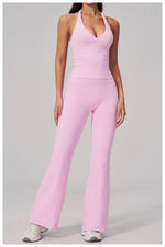 V-neck Yoga Sets Women Seamless Slimming Sports Tank Top High Waist Wide Leg Pants Fitness Suit Outwear Gym Running Tracksuit