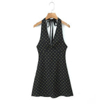 V Neck French Style Summer Women Dress Printed Boho Short Black Beach Dress Party Vintage Backless Tie Up Sexy Halter Dress 2025