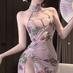 Hanging Neck Flower Print Off-the-shoulder Dress For Woman Pure Desire Backless Sleeveless Dress Elegant Nightclub Style 1P2O