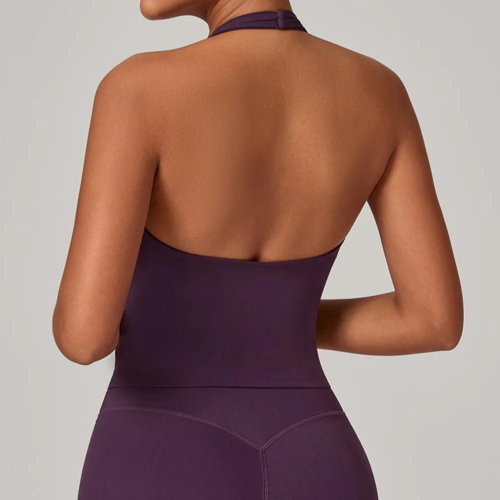 STOUREG Women's V-neck Halter Yoga Top with Cross-over Gathered Straps and Built-in Bra, Made of Ultra-soft Butter Fabric