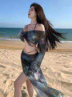 Korean Swimsuit 2025 Women Sexy Black Tie Dye Long Sleeve Cover UpLong Skirt 4 Piece Bikini Set Bathing Suit Vacation Swimwear