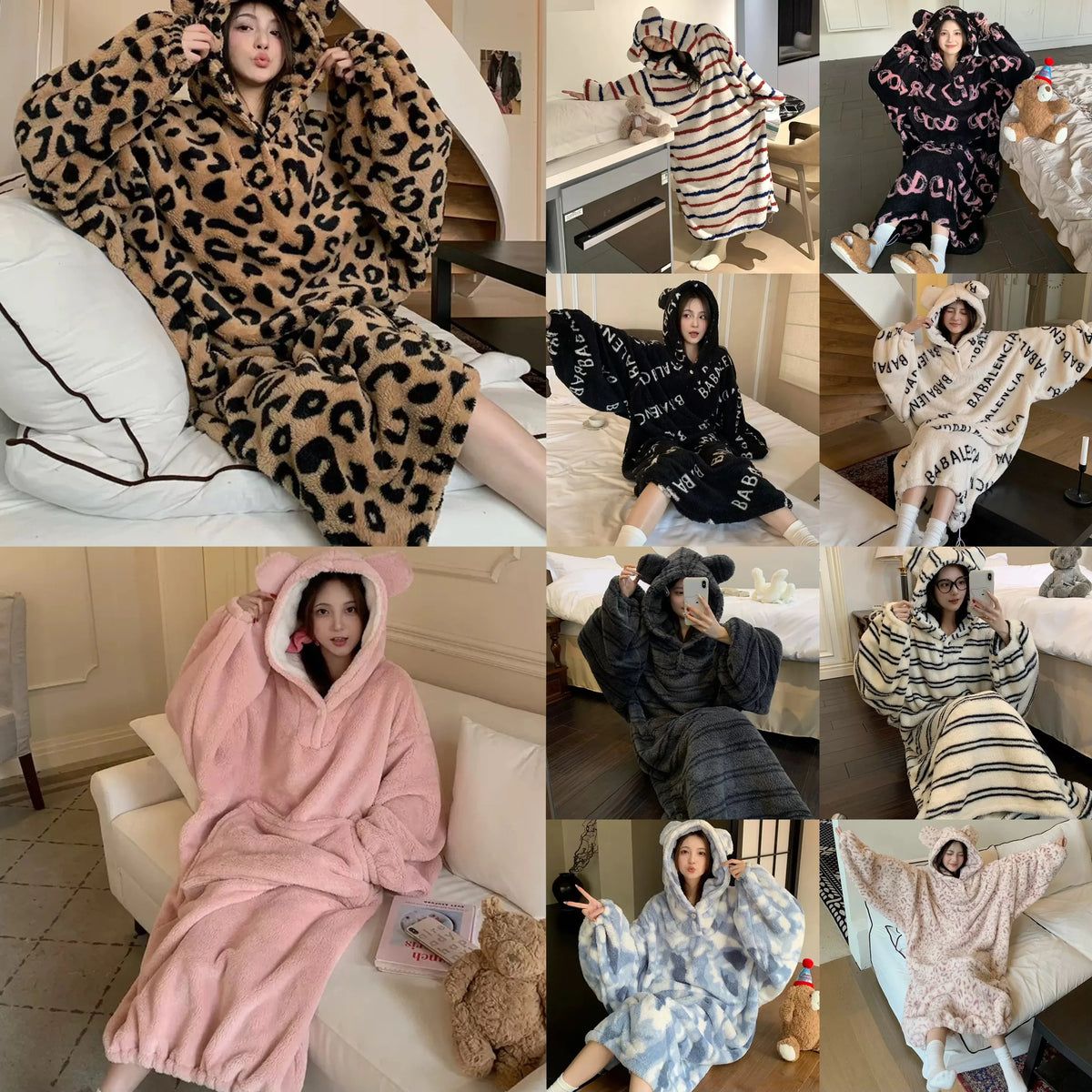 Thicken Flannel Cartoon Female Long Robe Hooded Nightgown Autumn Winter Sleepwear Home Clothes Loose Coral Fleece Warm Nightwear