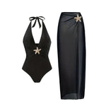 S - XL New With Skirt Deep V Neck Halter One Piece Swimsuit Women Swimwear Female Starfish Padded Bather Bathing Suit Swim V7977