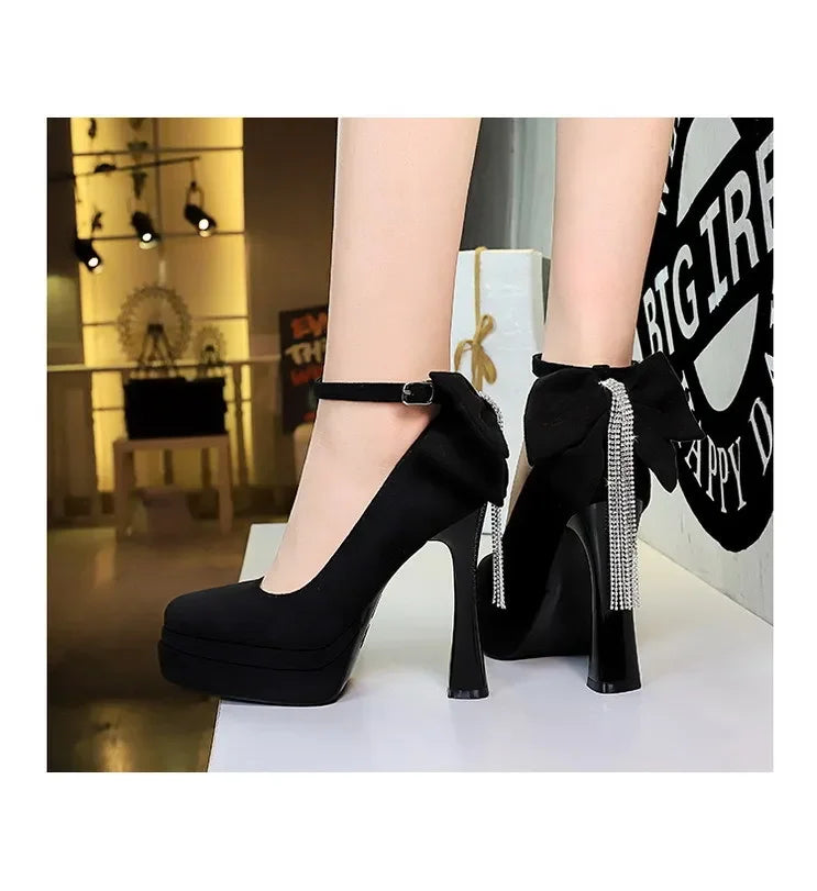 BIGTREE Women's Pointed Toe High Heels Back Bowknot Elegant Flock Ankle Strap Pumps for Women Black Dress Shoe Wedding Party