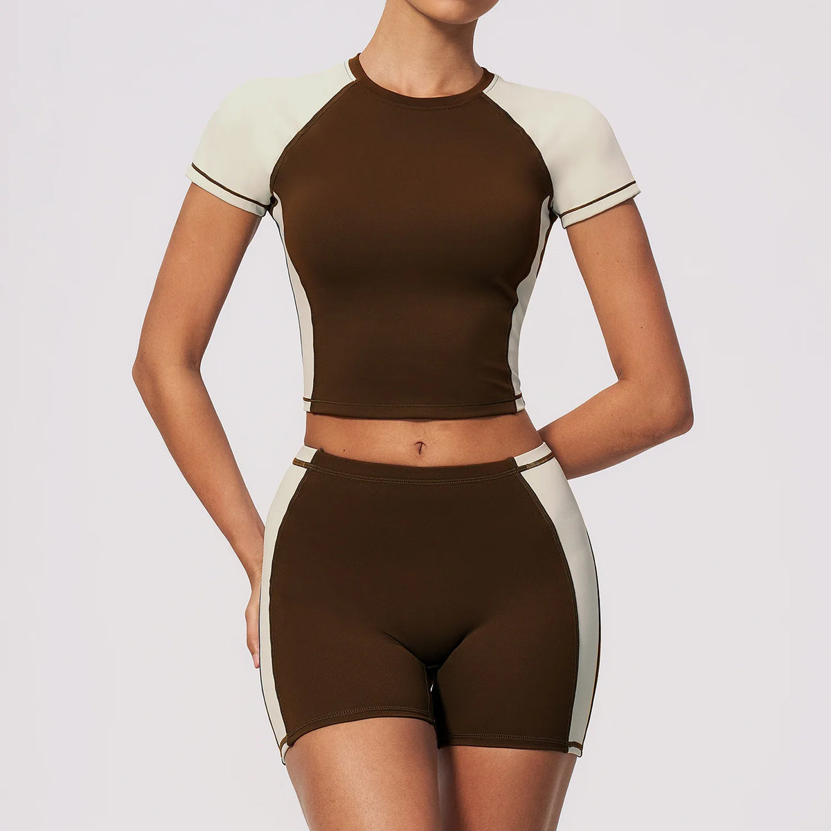 Summer New Yoga Sets Women Breathable Contrasting Color Short Sleeve Slim Sports T Shirts Training Running Shorts Fitness Suit