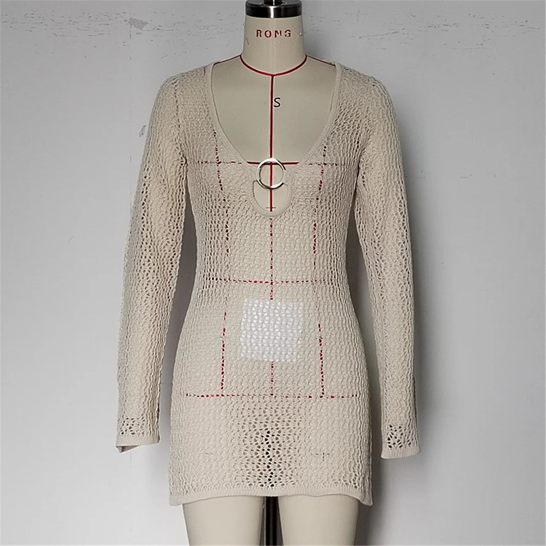 Long Sleeve Hollow Out Crochet Knitted Tunic Beach Dress Beach Wear Beachwear Beach Cover Up Cover-upsFemale Women V6552