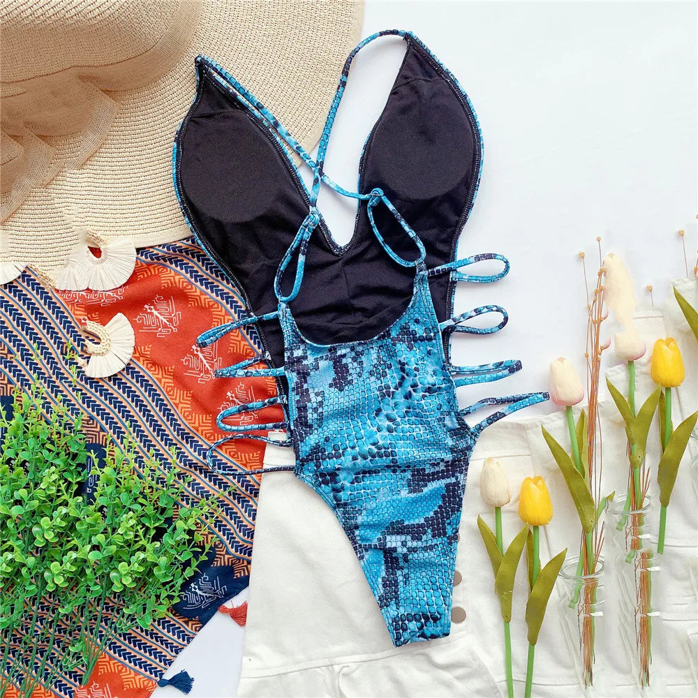 Sexy Snake Print Backless Swimwear One Piece Swimsuits Woman 2026 Hollow Cut Out Monokini String Bathing Swimming Suit Bather