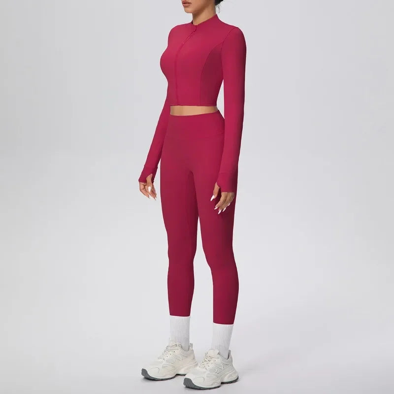 New Women Yoga Set Solid Color Double-Sided Brushed Bare Feel Short Long-Sleeve Jacket Tight Pants Running Fitness 2-Piece Set