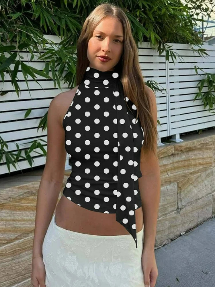 FDYOUI Elegant Bandage Off Shoulder Polka Dot Tank Tops for Women 2026 Summer Sleeveless Crop Top T-shirt Female Slim Corset