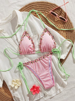 Sexy 3D Floral Bikini Set 2025 Women White Pink Contrast Push Up Bra Tie Side Thong Swimsuit Beach Bathing Suit Micro Swimwear