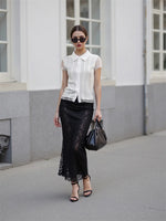 Women White Lace Shirts Solid Color Lapel V Neck Short Sleeve Slim Fit Tops and Blouses Summer Elegant