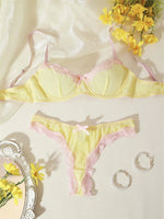 Female Sweet Mesh Lingerie Set Pink Lace Trim Bra and Panty Set Intimate 2 Pieces Women Underwear Cute Bow Sexy Boudoir Lingerie