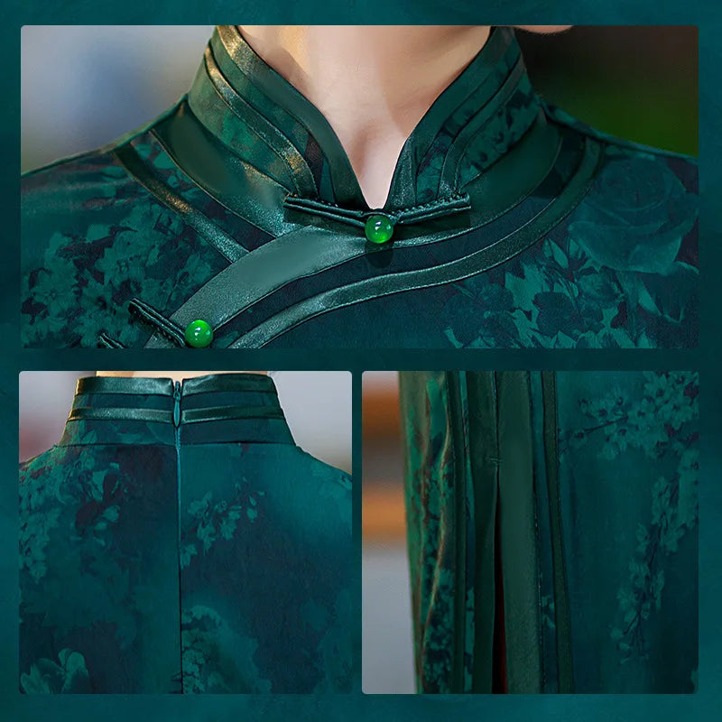 Chinese Traditional Style Evening Qipao Dress For Women Large Size 5XL Vestidos Autumn Stand Collar Print Floral Long Cheongsam