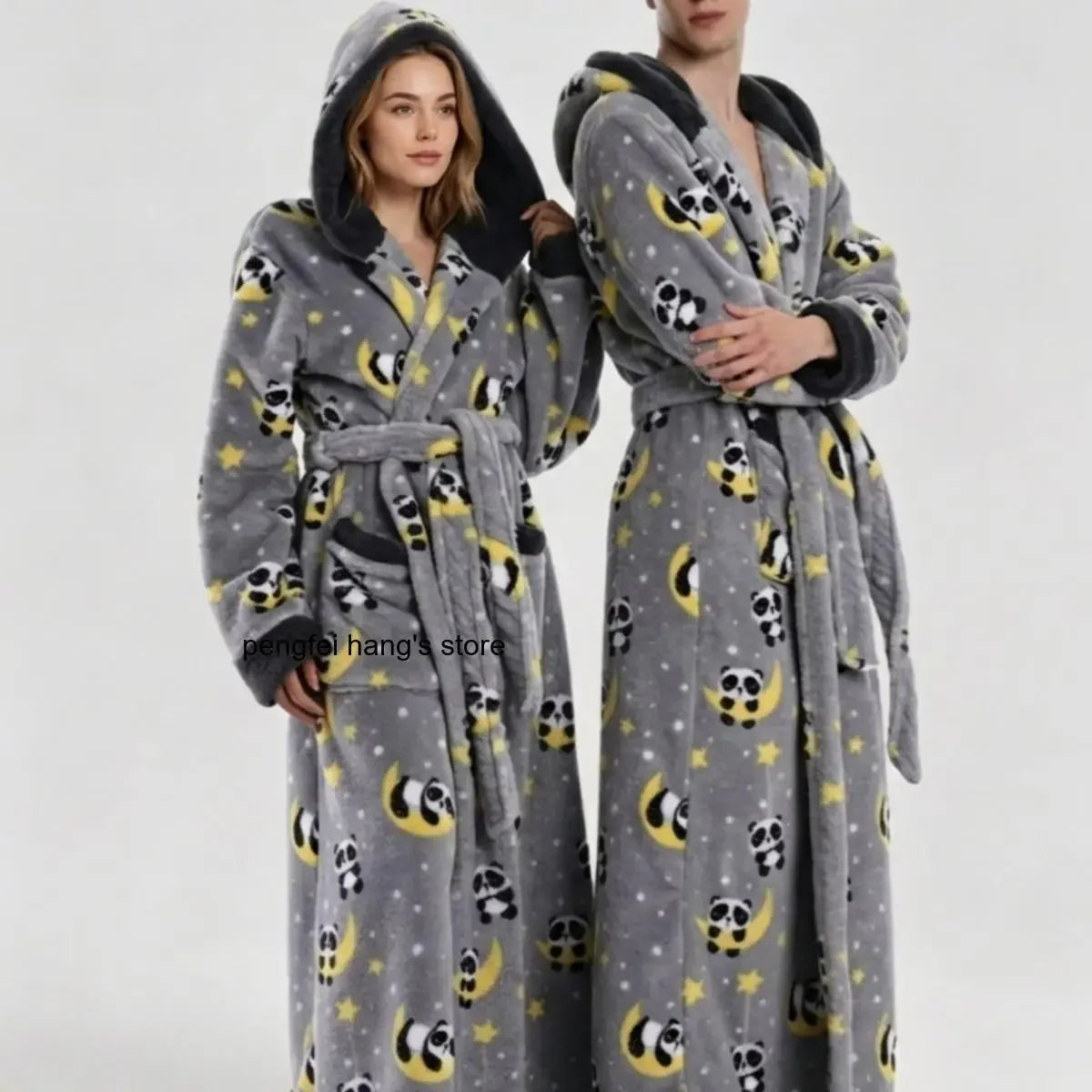 Winter Hooded Flannel Bath RobeCouples Loose Fit Animal Fruit Multi Print Long Loungewear Robe with Belt Double Side Pockets