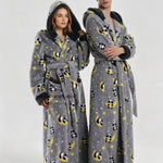 Winter Hooded Flannel Bath RobeCouples Loose Fit Animal Fruit Multi Print Long Loungewear Robe with Belt Double Side Pockets