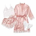 4pcs Women Striped Lingerie Set Lace Trim Robe Camisole Shorts Panties Nightwear Sleepwear Homewear Sexy Pajamas Outfit