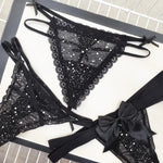 Sexy Women's Thong Erotic Cross Hollow T Pants Starry Sky Shiny Sequins Black Mesh Transparent Bow Perspective Briefs Lingerie