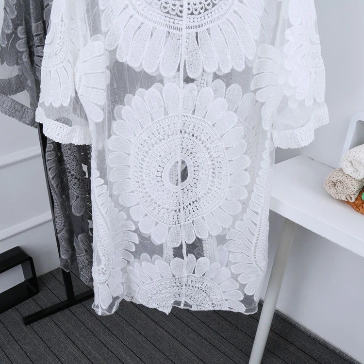 DEKA New Beach Cover-up Swimsuit Lace Hollow Crochet Beach Bikini Cover Up 3/4 Sleeve Women Top Swimwear Beach Dress Tunic Shirt