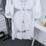 DEKA New Beach Cover-up Swimsuit Lace Hollow Crochet Beach Bikini Cover Up 3/4 Sleeve Women Top Swimwear Beach Dress Tunic Shirt