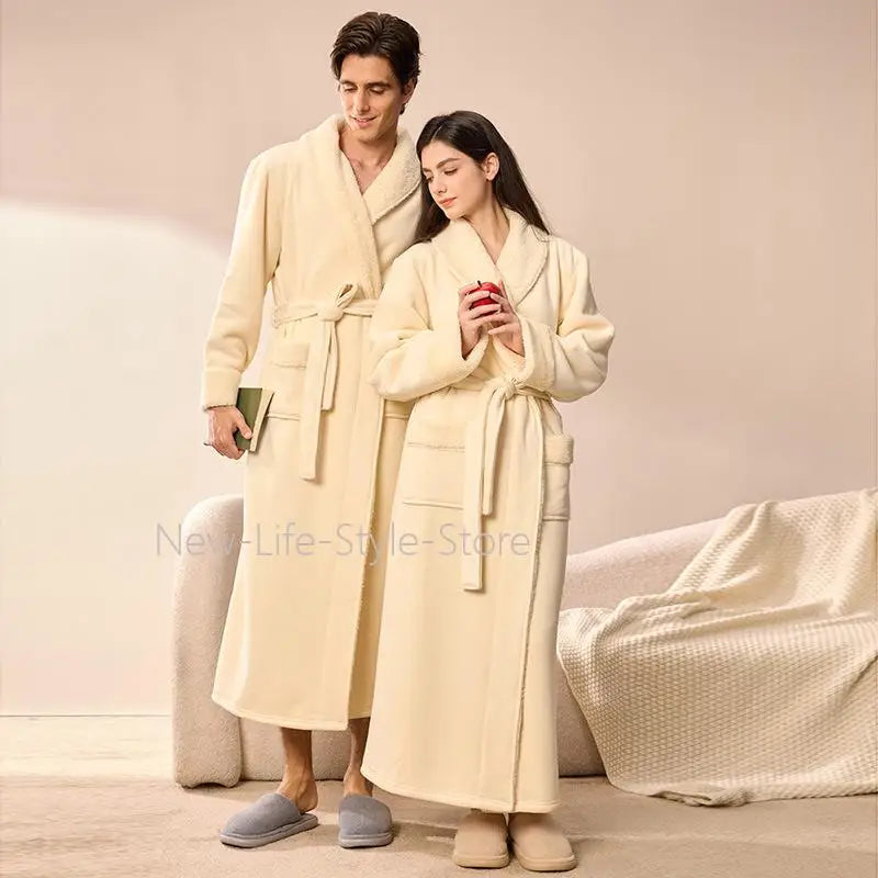 2026 Autumn Winter New Thick Coral Fleece Couple Bathrobe, Long Flannel Robe for Men Women Warm Home Pajamas Loungewear