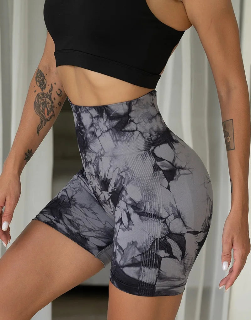 Tie Dye Yoga Shorts Marble Gym Shorts Women Push Up Sports Shorts Women Fitness Tights Breathable High Waist Booty Shorts
