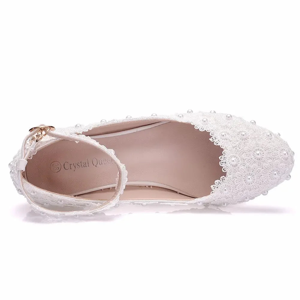 Women 3CM High Heels White Lace Pearl Wedding Shoes Sexy Bride PartyPointed Toe Shallow Mouth Pumps Shoe BridesmaidPink
