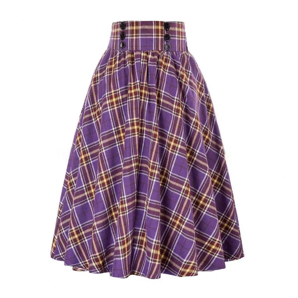 A-Line Midi Skirt Women Skirt Elastic High Waist Contrast Color Plaid Print Large Hem Mid-Calf Length Skirt Daily Wear