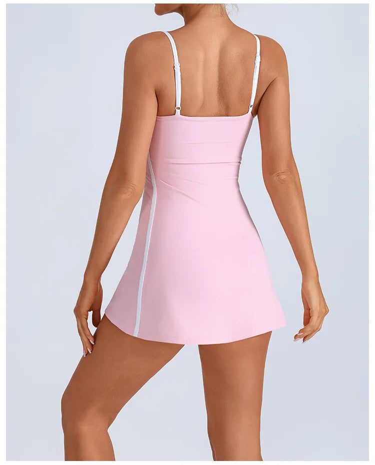Women's Tennis Dress Summer Sleeveless Pink Contrast Workout Yoga Dresses Build in Shorts Fashion Tight Fitting Skirts Suit