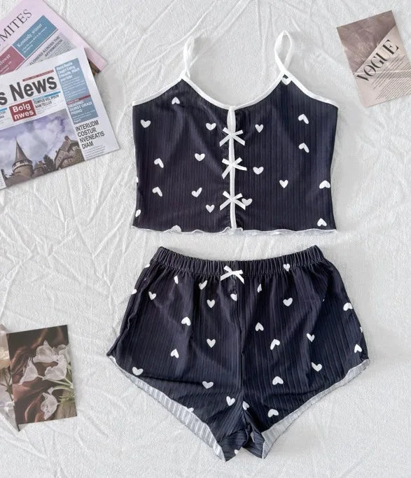 Cute Heart Print Pajama Set Women's Ribbed Cami Top & Shorts Bow Detail Sleepwear Loungewear Soft Comfortable Pj Set New Fashion