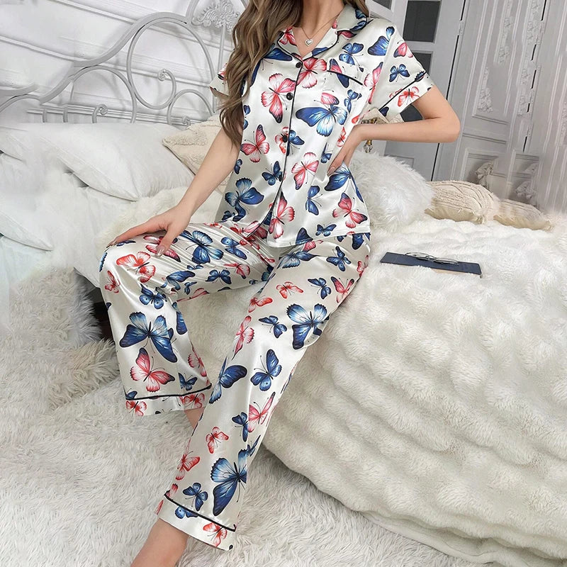 Women's Sleepwear Heart & Letter Print Pajamas Lounge Set Autumn Long Sleeve Buttons Top & Pants Loungewear Pyjama Pijama Femme
