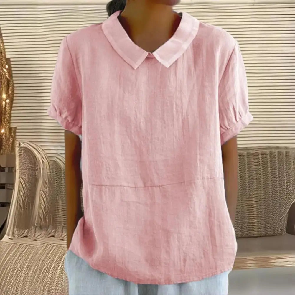 Summer Women Shirt Lapel Short Sleeve Solid Color Pullover Top Solid Color Loose Fit Shirt Tops Casual Streetwear