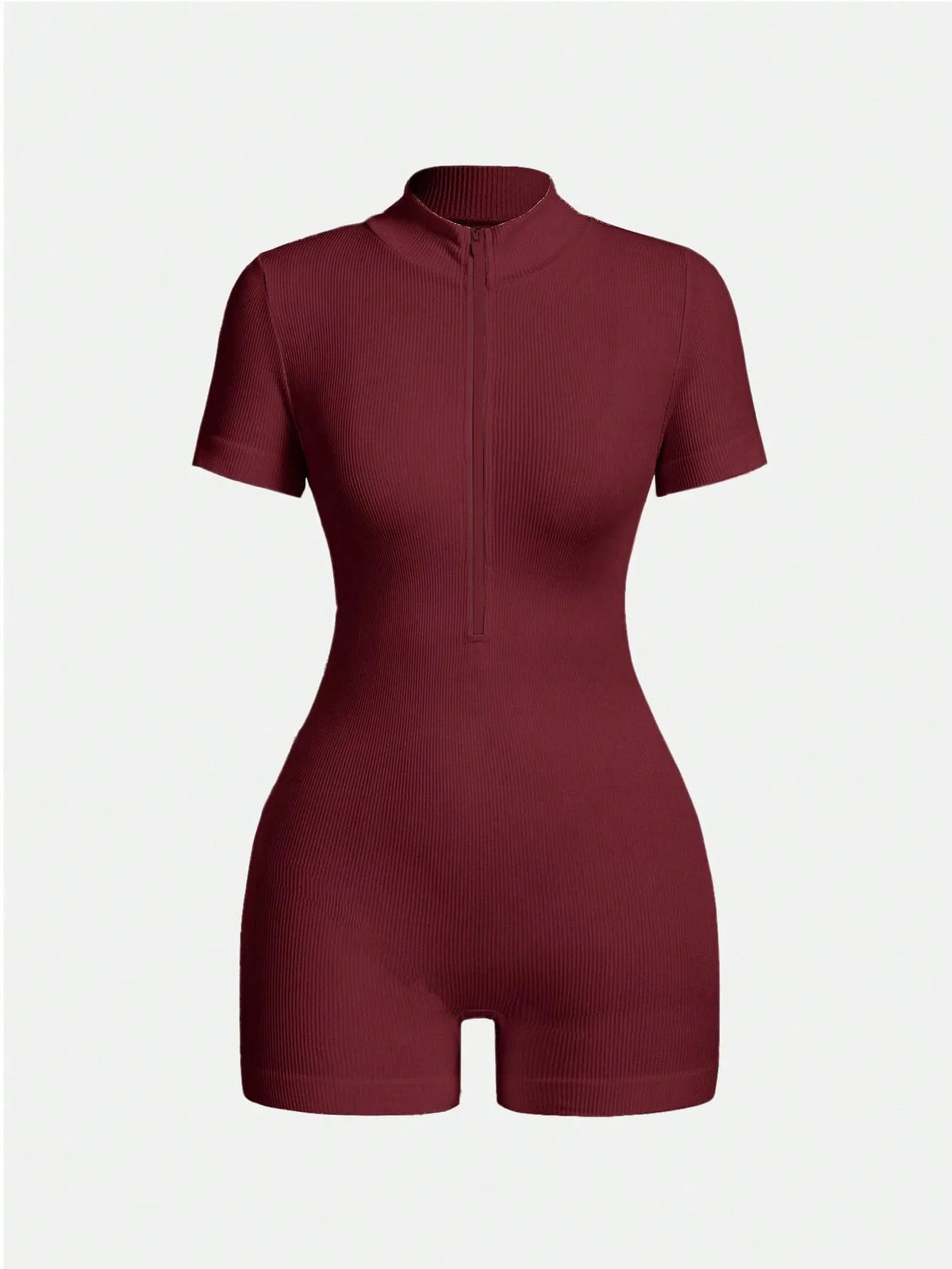 Women's Solid Color Half Zip Ribbed Knit Short Sleeve Romper Sports Soft Slim Fit Mock Neck Jumpsuit Streetwear 2025 Summer