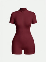 Women's Solid Color Half Zip Ribbed Knit Short Sleeve Romper Sports Soft Slim Fit Mock Neck Jumpsuit Streetwear 2025 Summer