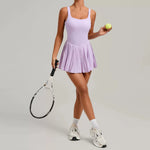 New Large Backless Tennis Dresses Women Solid Color Sleeveless Glare Pleated Yoga Skirt with Pocket Shorts Running Fitness Dress