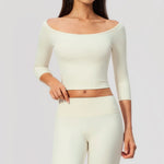 NCLAGEN Yoga Long Sleevetop Women Pilates Gym Clothes Quick Dry Cropped Compression 5/4 Sleeve Fitness Shirt Boat Neck‌ Crop Top