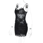 FDYOUI Spaghetti Strap See-through Mesh Dress Women Sleeveless Lace Patchwork Mini Party Dresses White Black Night Club Outfit