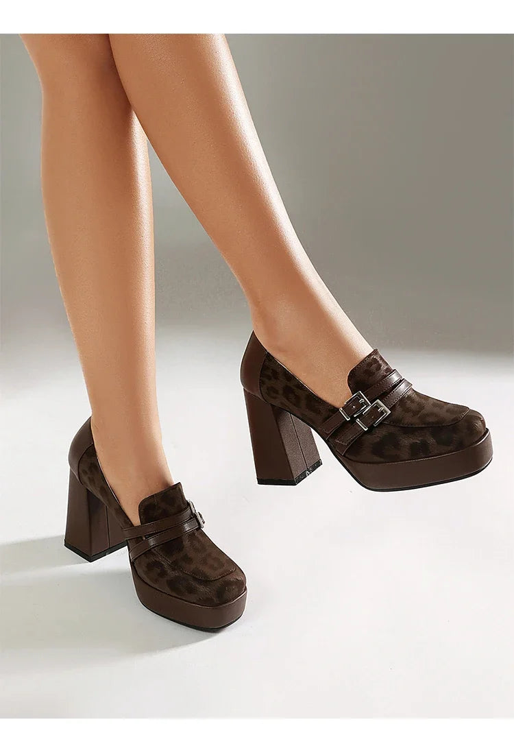 Square Toe Platform Double-Layer Buckle Shallow Sleeve Office Pumps Ultra-High Thick Heel Breathable High Heels