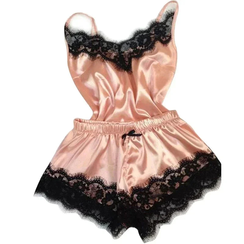 Summer Lace Silk Pajama Set for Women Sexy Sleepwear Lingerie 2 Pieces Cami Top and Shorts Sets Comfortable Casual Lounge