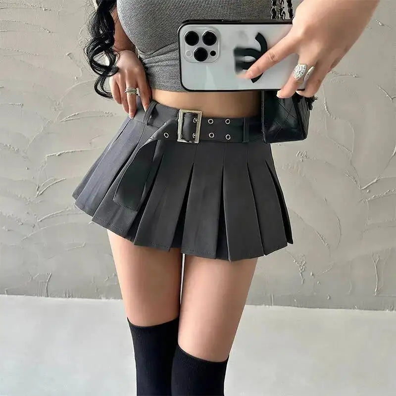 WOMENGAGA Summer Skorts High-quality Sexy A-LINE Safety Skirts Pleated Skirt Half Length Short Skirt Belt Fashion Women E4H4