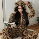 Thickened Coral Fleece Ladies Pajamas Winter Ear Printed Leopard Patterned Sleepwear One-Piece Home Clothes for Women Bodysuit