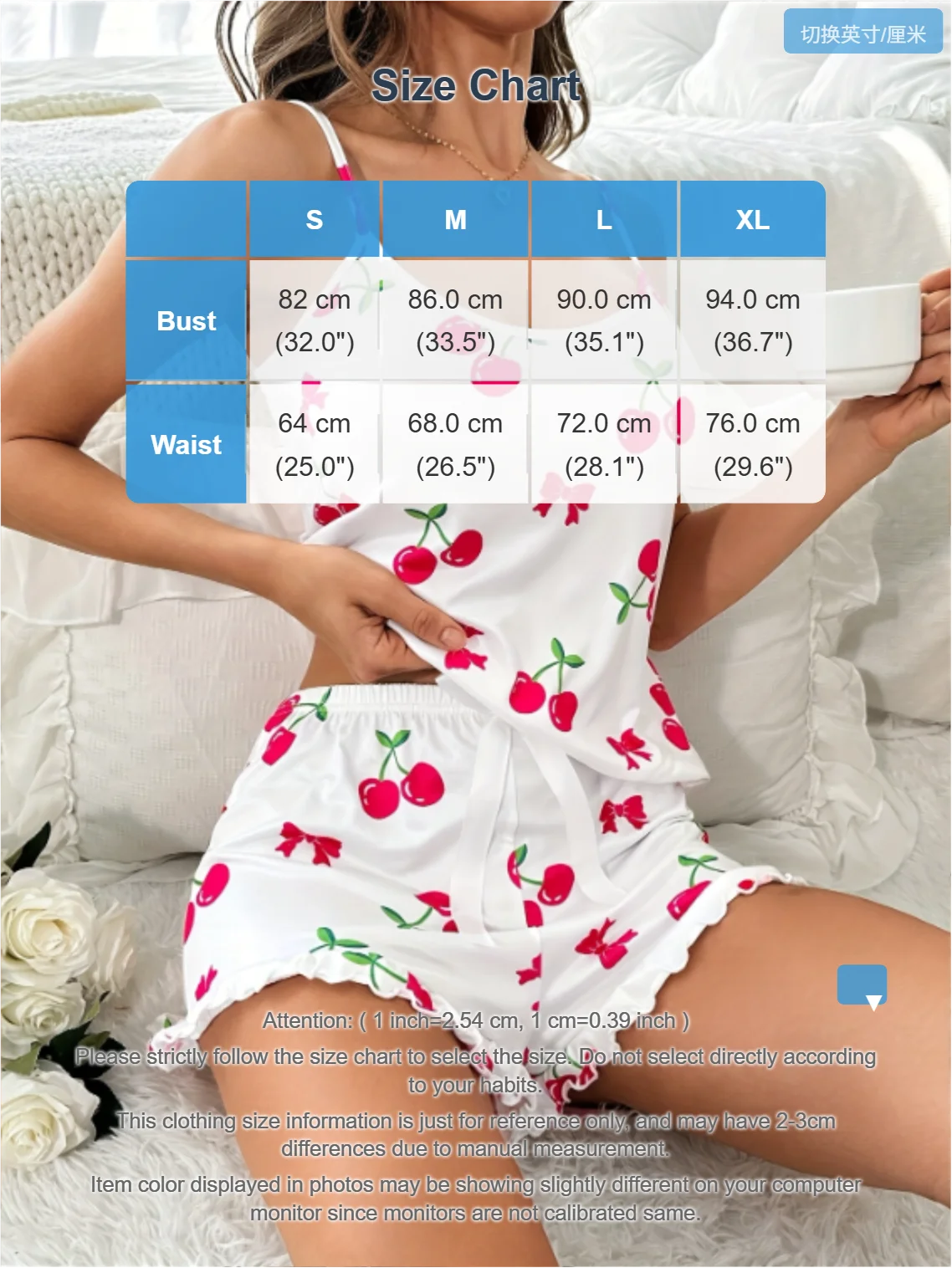 Women’s Cherry Print Cami Pajama Set 2 Piece Bow Detail Ruffle Shorts Cute Sleepwear Loungewear Summer