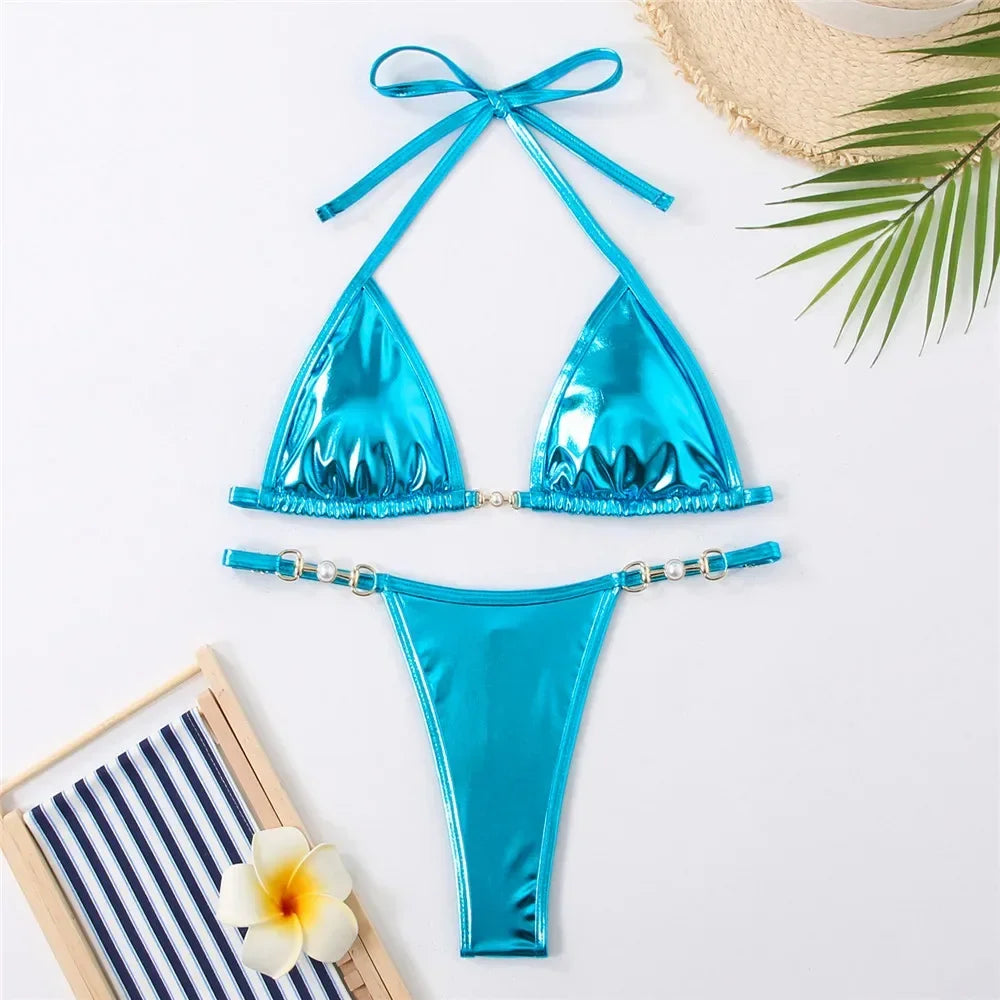 Shiny Red String Halter Triangle Micro Bikinis Sets Sexy Swimsuit Women Thong Bathing Suit Lace-up Bikini 2026 Mujer Biqiunis