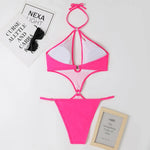 Solid Color One Piece Swimsuit Women 2026 Sexy Hollow Out Pearl Chain Bikini Halter Backless Thong Swimwear Beach Bathing Suit