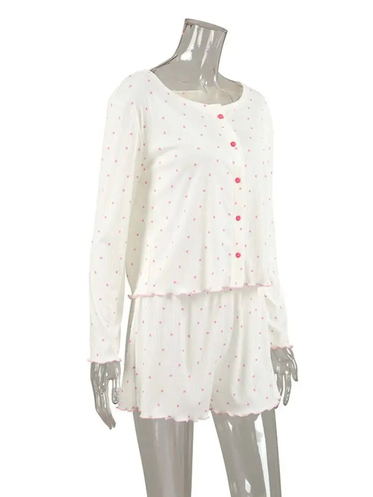 Women's Pajamas Set Soft Comfortable Knitted Long Sleeve Top Shorts Loungewear Heart Print Comfortable Homewear