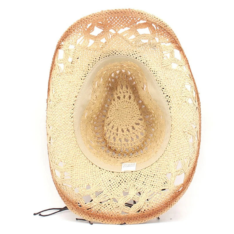 Women Cowboy Hat Creative Curled Straw Hollow Design Ethnic Style Beads Chain Decoration Shade Straw Hat Summer Sun Cap