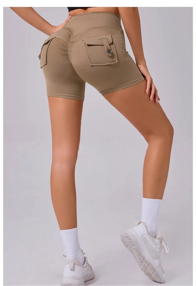Women's Peach Lifting Yoga Shorts - High Waisted Stretchy Workout Shorts with Button Quick-Dry Tummy Control for Running Fitness