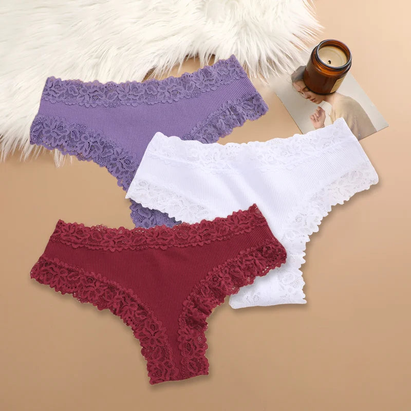 3Pcs Women Cotton Brazilian Pants Sexy Lace Brazilian Briefs Low Waist Floral Solid Color G-string Breathable Soft Lingerie